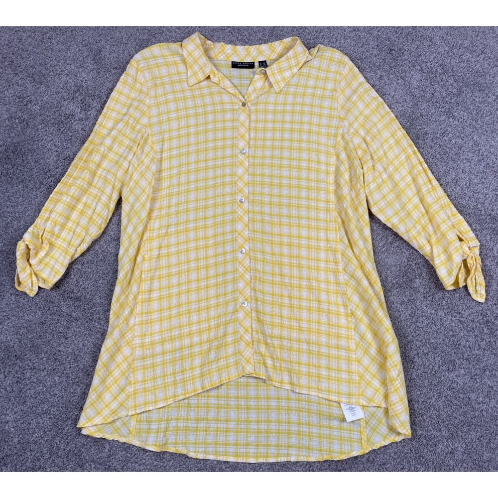 Susan Graver Shirt Womens 1X Weekend Button Down Yellow Plaid Boho Lagenlook Top